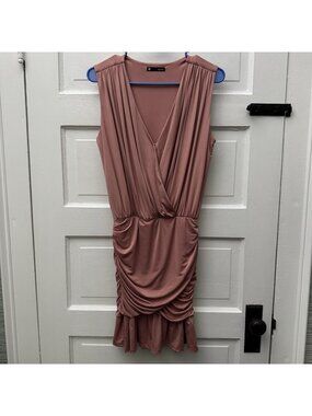Krisa Size S Dusty Rose Ruched Jersey Cocktail Dress Deep V Ruffle Hem USA